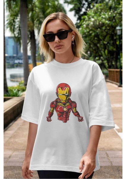 Iron Man Ön Baskılı Beyaz Oversize T-Shirt Bisiklet Yaka Erkek Kadın