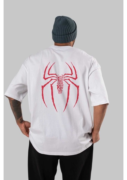 Spiderman (1) Arka Baskılı Beyaz Oversize T-Shirt Bisiklet Yaka Pamuk Erkek Kadın