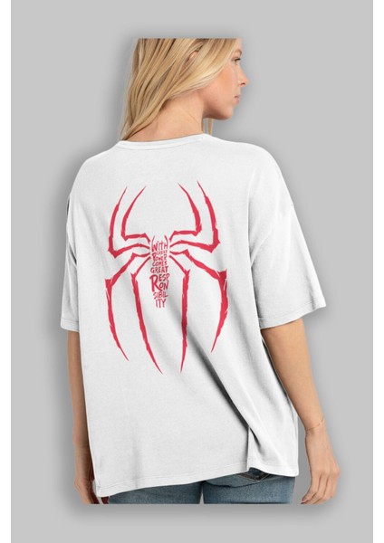 Spiderman (1) Arka Baskılı Beyaz Oversize T-Shirt Bisiklet Yaka Pamuk Erkek Kadın modelleri
