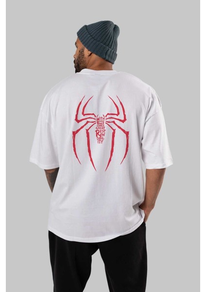 Spiderman (1) Arka Baskılı Beyaz Oversize T-Shirt Bisiklet Yaka Pamuk Erkek Kadın fırsatları