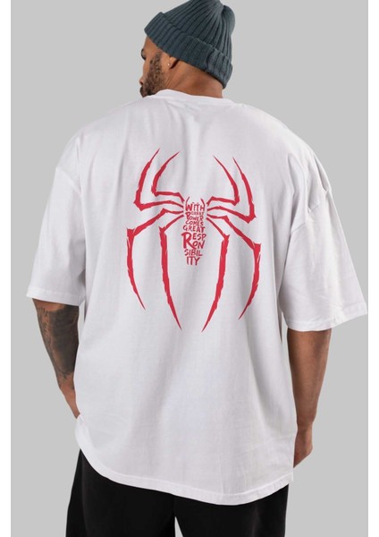 Spiderman (1) Arka Baskılı Beyaz Oversize T-Shirt Bisiklet Yaka Pamuk Erkek Kadın indirimleri
