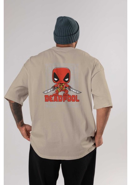 Deadpool (17) Arka Baskılı Bej Oversize T-Shirt Bisiklet Yaka Pamuk Erkek Kadın