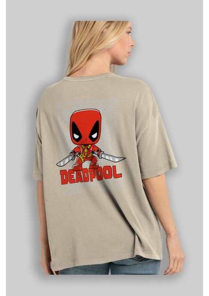 Deadpool (17) Arka Baskılı Bej Oversize T-Shirt Bisiklet Yaka Pamuk Erkek Kadın modelleri