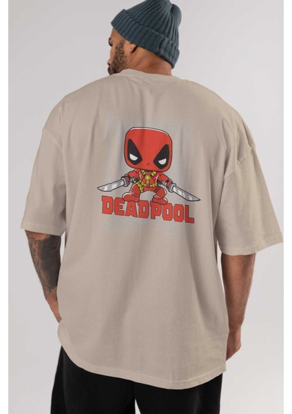 Deadpool (17) Arka Baskılı Bej Oversize T-Shirt Bisiklet Yaka Pamuk Erkek Kadın indirimleri