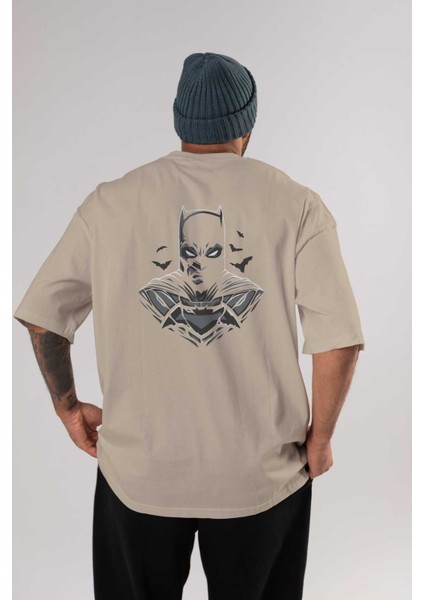 Batman (22) Arka Baskılı Bej Oversize T-Shirt Bisiklet Yaka Pamuk Erkek Kadın