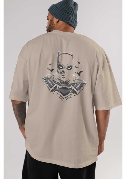 Batman (22) Arka Baskılı Bej Oversize T-Shirt Bisiklet Yaka Pamuk Erkek Kadın indirimleri
