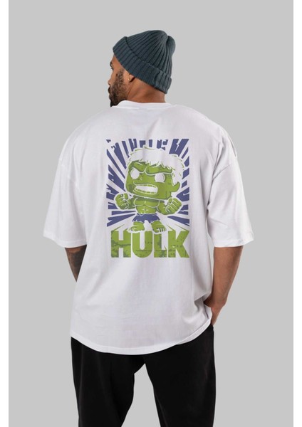 Hulk (2) Arka Baskılı Beyaz Oversize T-Shirt Bisiklet Yaka Pamuk Erkek Kadın fırsatları
