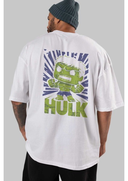 Hulk (2) Arka Baskılı Beyaz Oversize T-Shirt Bisiklet Yaka Pamuk Erkek Kadın indirimleri