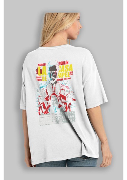 La Casa De Papel (6) Arka Baskılı Beyaz Oversize T-Shirt Bisiklet Yaka Pamuk Erkek Kadın modelleri