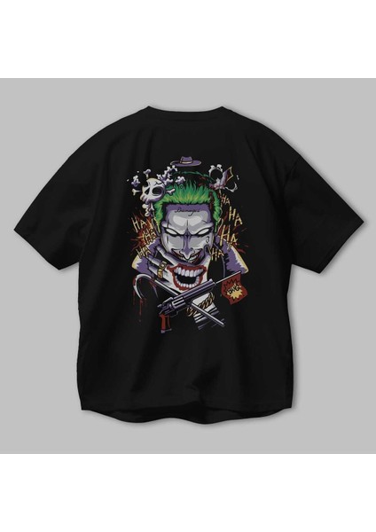 Joker Arka Baskılı Siyah Oversize T-Shirt Bisiklet Yaka Pamuk Erkek Kadın modelleri