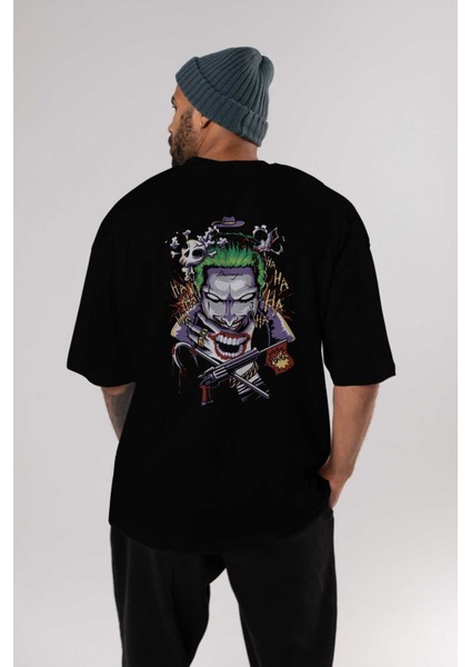 Joker Arka Baskılı Siyah Oversize T-Shirt Bisiklet Yaka Pamuk Erkek Kadın indirimleri