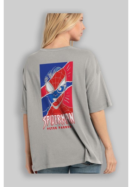 Spiderman (13) Arka Baskılı Gri Oversize T-Shirt Bisiklet Yaka Pamuk Erkek Kadın modelleri