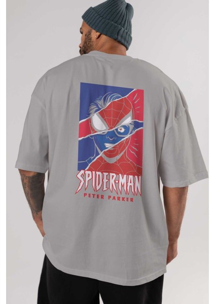 Spiderman (13) Arka Baskılı Gri Oversize T-Shirt Bisiklet Yaka Pamuk Erkek Kadın indirimleri