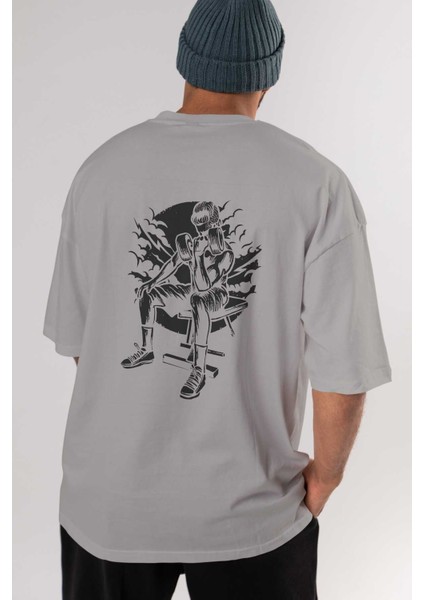 No Pain No Gain Arka Baskılı Gri Oversize T-Shirt Unisex Erkek Kadın Bisiklet Yaka indirimleri