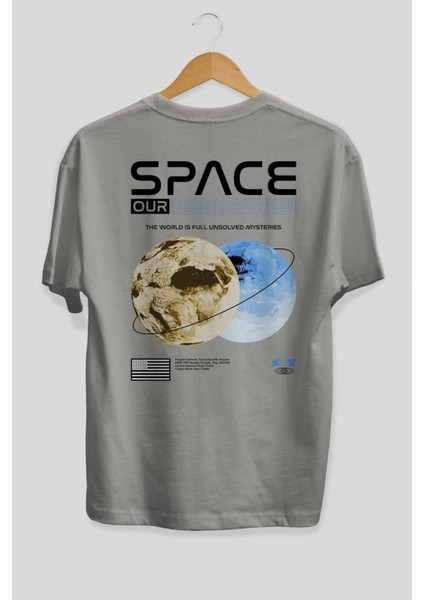 Space Our Arka Baskılı Gri Oversize T-Shirt Unisex Erkek Kadın Bisiklet Yaka