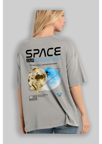 Space Our Arka Baskılı Gri Oversize T-Shirt Unisex Erkek Kadın Bisiklet Yaka fiyatları