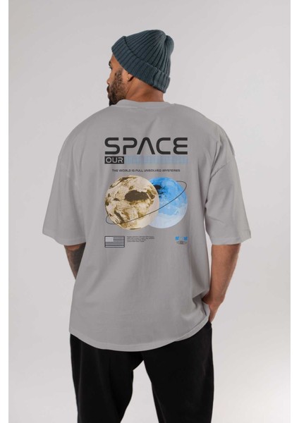 Space Our Arka Baskılı Gri Oversize T-Shirt Unisex Erkek Kadın Bisiklet Yaka modelleri