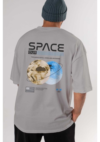 Space Our Arka Baskılı Gri Oversize T-Shirt Unisex Erkek Kadın Bisiklet Yaka indirimleri
