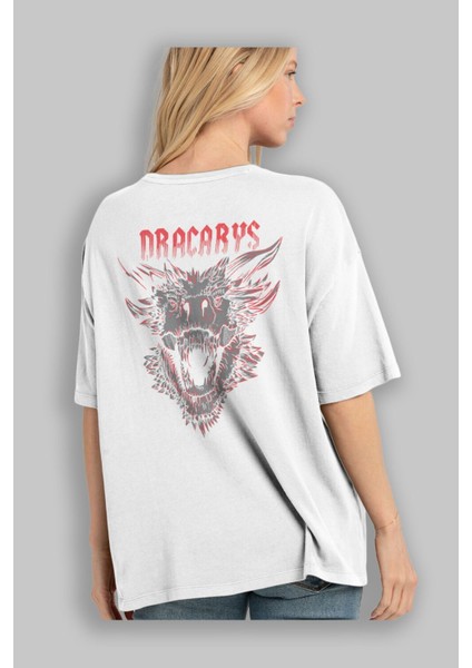 Game Of Thrones Dracarys Arka Baskılı Beyaz Oversize T-Shirt Bisiklet Yaka Pamuk Erkek Kadın modelleri