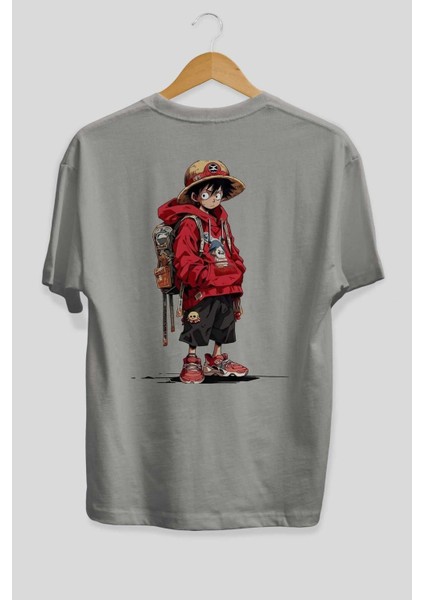 One Piece Arka Baskılı Gri Oversize T-Shirt Bisiklet Yaka Pamuk Erkek Kadın fiyatları