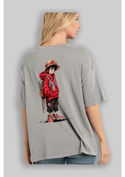 One Piece Arka Baskılı Gri Oversize T-Shirt Bisiklet Yaka Pamuk Erkek Kadın modelleri