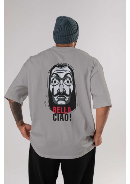 La Casa De Papel (12) Arka Baskılı Gri Oversize T-Shirt Bisiklet Yaka Pamuk Erkek Kadın