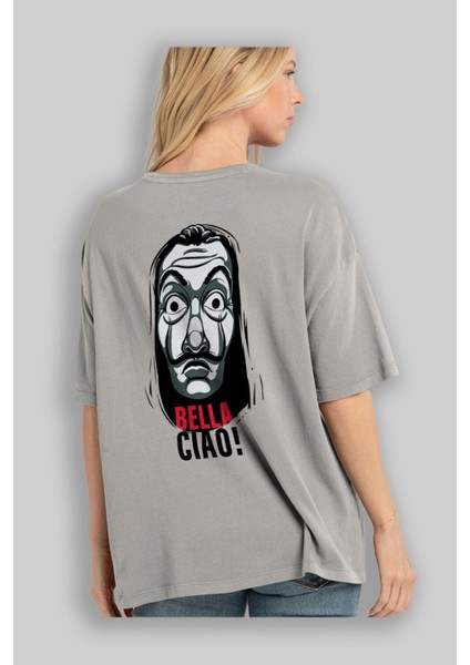 La Casa De Papel (12) Arka Baskılı Gri Oversize T-Shirt Bisiklet Yaka Pamuk Erkek Kadın modelleri