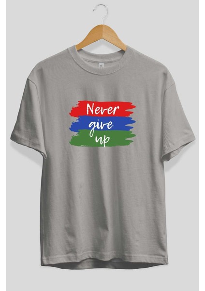 Never Give Up Yazılı Ön Baskılı Gri Oversize T-Shirt Unisex Erkek Kadın Bisiklet Yaka fiyatları