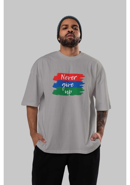 Never Give Up Yazılı Ön Baskılı Gri Oversize T-Shirt Unisex Erkek Kadın Bisiklet Yaka indirimleri