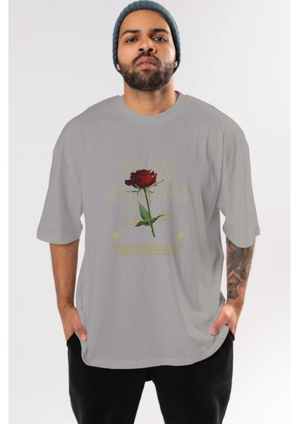 Rose Cilexi Streetwear Ön Baskılı Gri Oversize T-Shirt Unisex Erkek Kadın Bisiklet Yaka