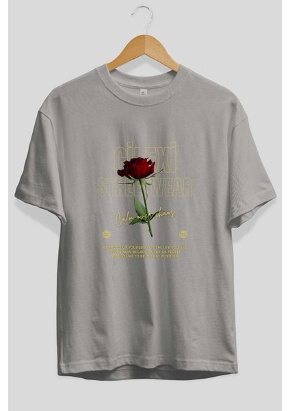 Rose Cilexi Streetwear Ön Baskılı Gri Oversize T-Shirt Unisex Erkek Kadın Bisiklet Yaka fiyatları