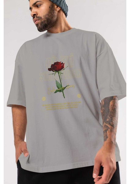 Rose Cilexi Streetwear Ön Baskılı Gri Oversize T-Shirt Unisex Erkek Kadın Bisiklet Yaka modelleri