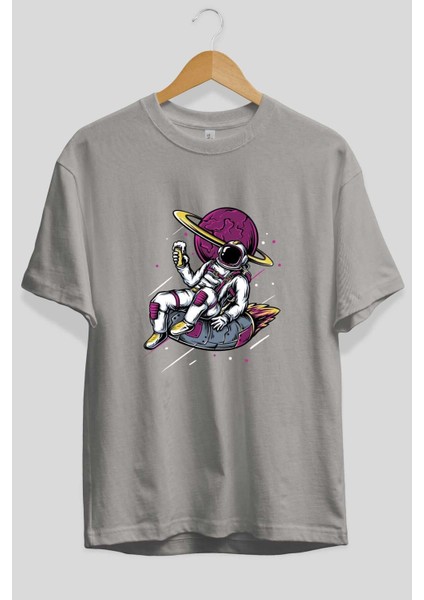 Astronaut Beer Ön Baskılı Gri Oversize T-Shirt Unisex Erkek Kadın Bisiklet Yaka fiyatları