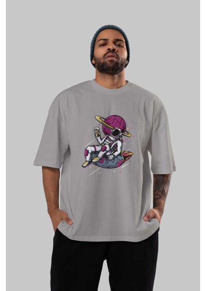 Astronaut Beer Ön Baskılı Gri Oversize T-Shirt Unisex Erkek Kadın Bisiklet Yaka indirimleri