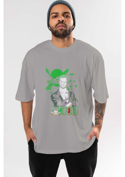 Roronoa Zoro 2 Ön Baskılı Gri Oversize T-Shirt Unisex Erkek Kadın Bisiklet Yaka