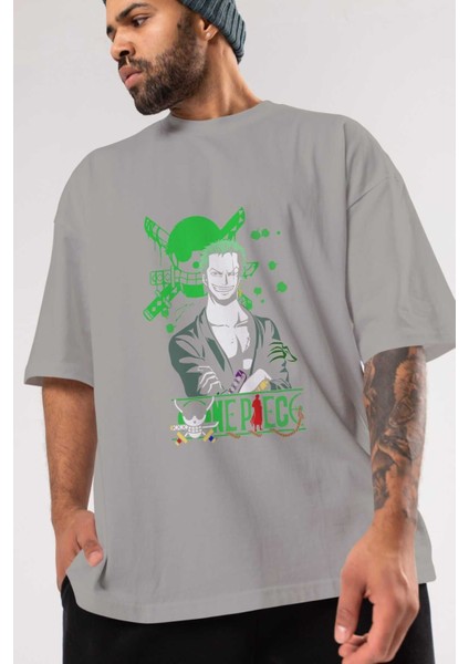 Roronoa Zoro 2 Ön Baskılı Gri Oversize T-Shirt Unisex Erkek Kadın Bisiklet Yaka modelleri