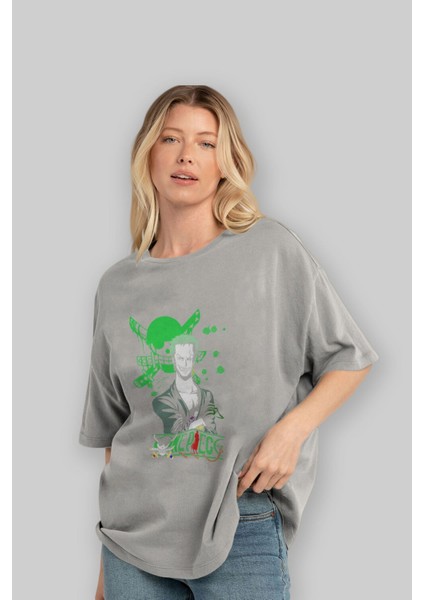 Roronoa Zoro 2 Ön Baskılı Gri Oversize T-Shirt Unisex Erkek Kadın Bisiklet Yaka fırsatları