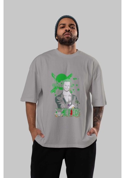 Roronoa Zoro 2 Ön Baskılı Gri Oversize T-Shirt Unisex Erkek Kadın Bisiklet Yaka indirimleri