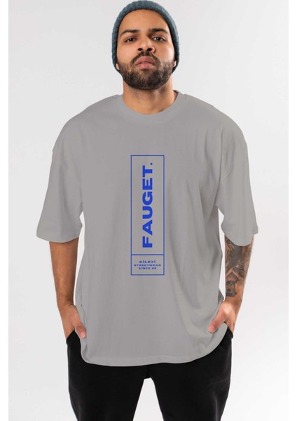 Fauget Cilexi Ön Baskılı Gri Oversize T-Shirt Unisex Erkek Kadın Bisiklet Yaka
