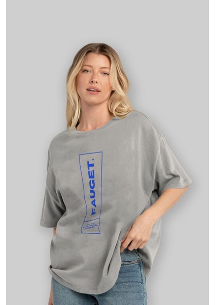 Fauget Cilexi Ön Baskılı Gri Oversize T-Shirt Unisex Erkek Kadın Bisiklet Yaka fırsatları
