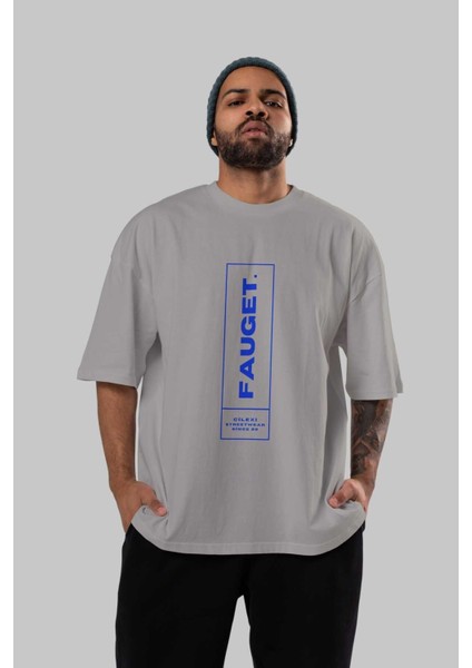Fauget Cilexi Ön Baskılı Gri Oversize T-Shirt Unisex Erkek Kadın Bisiklet Yaka indirimleri