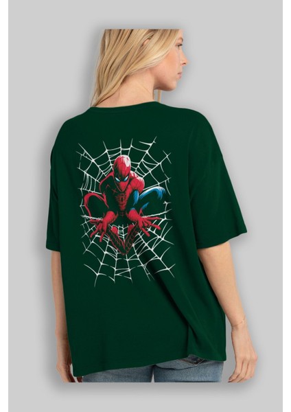 Spiderman (27) Arka Baskılı Zümrüt Yeşili Oversize T-Shirt Bisiklet Yaka Erkek Kadın fırsatları