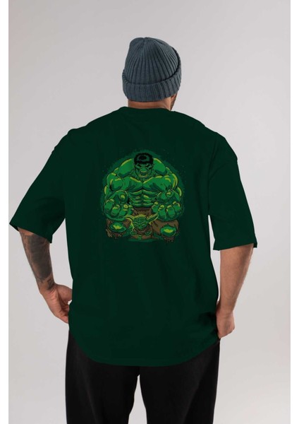 Hulk (7) Arka Baskılı Zümrüt Yeşili Oversize T-Shirt Bisiklet Yaka Erkek Kadın