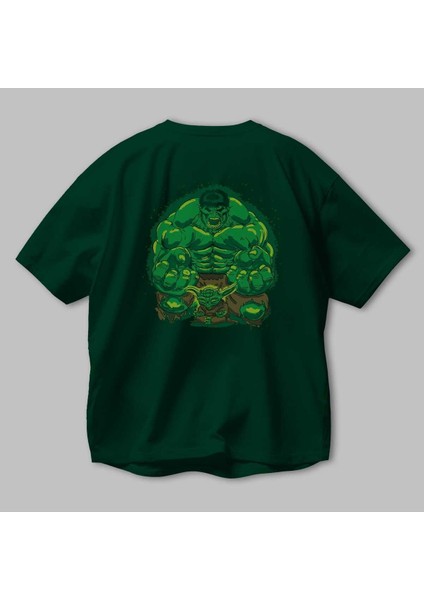 Hulk (7) Arka Baskılı Zümrüt Yeşili Oversize T-Shirt Bisiklet Yaka Erkek Kadın modelleri