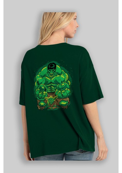 Hulk (7) Arka Baskılı Zümrüt Yeşili Oversize T-Shirt Bisiklet Yaka Erkek Kadın fırsatları