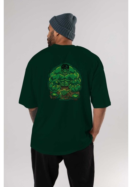 Hulk (7) Arka Baskılı Zümrüt Yeşili Oversize T-Shirt Bisiklet Yaka Erkek Kadın indirimleri