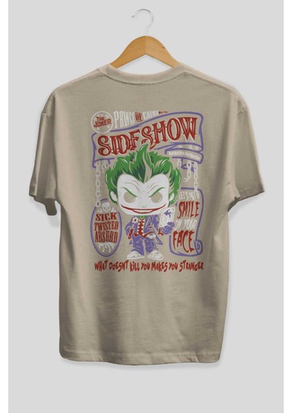 Joker (4) Arka Baskılı Bej Oversize T-Shirt Bisiklet Yaka Pamuk Erkek Kadın fiyatları