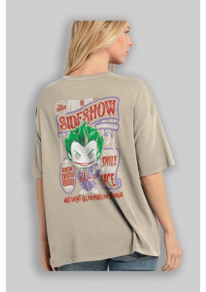 Joker (4) Arka Baskılı Bej Oversize T-Shirt Bisiklet Yaka Pamuk Erkek Kadın modelleri