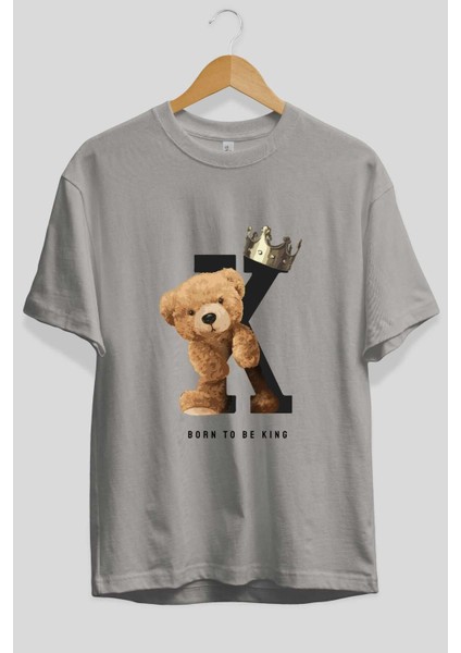 Teddy Bear Born To Be King Ön Baskılı Gri Oversize T-Shirt Unisex Erkek Kadın Bisiklet Yaka fiyatları