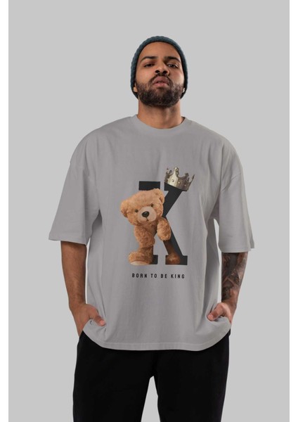Teddy Bear Born To Be King Ön Baskılı Gri Oversize T-Shirt Unisex Erkek Kadın Bisiklet Yaka indirimleri